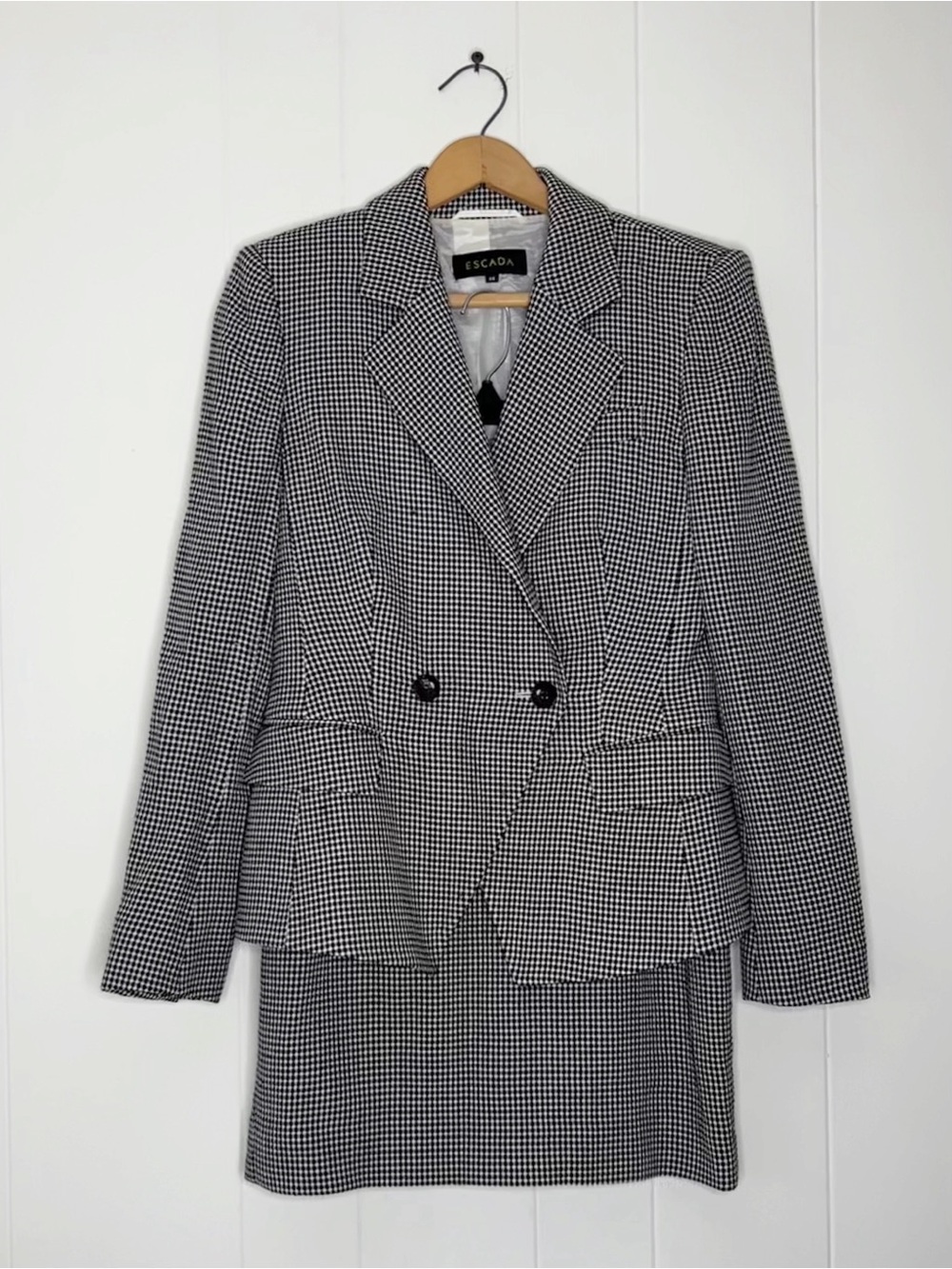 Escada Skirt Suit Set Blazer Jacket Wool Blend Black White Check Size 36